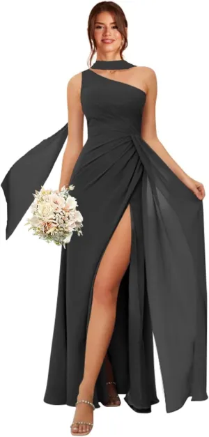 One Shoulder Bridesmaid Dresses for Women Long Ruched Chiffon A Line Formal Evening Dress with Slit KY001