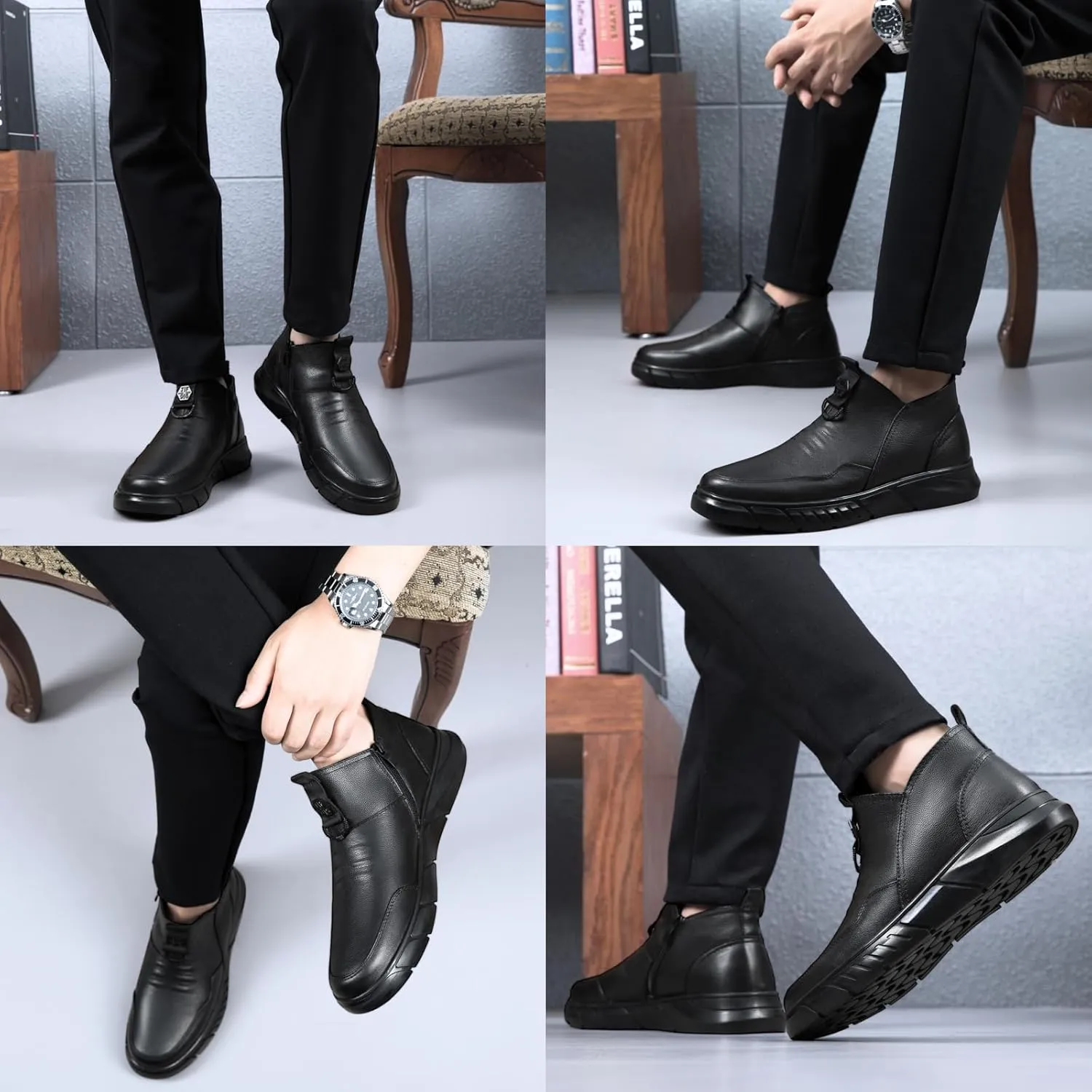 Optigard Men's Italian High-top Casual Leather Boots,Side Zipper Waterproof Non-Slip Warm Fur Lined Business Dress Booties Chelsea Chukka Ankle Boots for Men