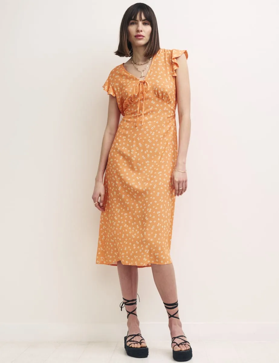 Orange Ditsy Floral Lily Midi Tea Dress