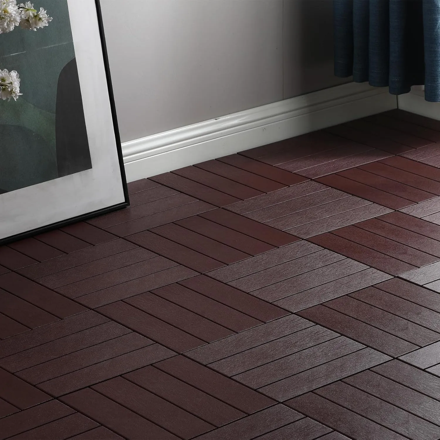 Panana 9Pcs Plastic Interlocking Deck Tiles, 12"x12" Waterproof Outdoor Composite Flooring Floor Decking Tiles for Porch Poolside Balcony Backyard, Dark Brown