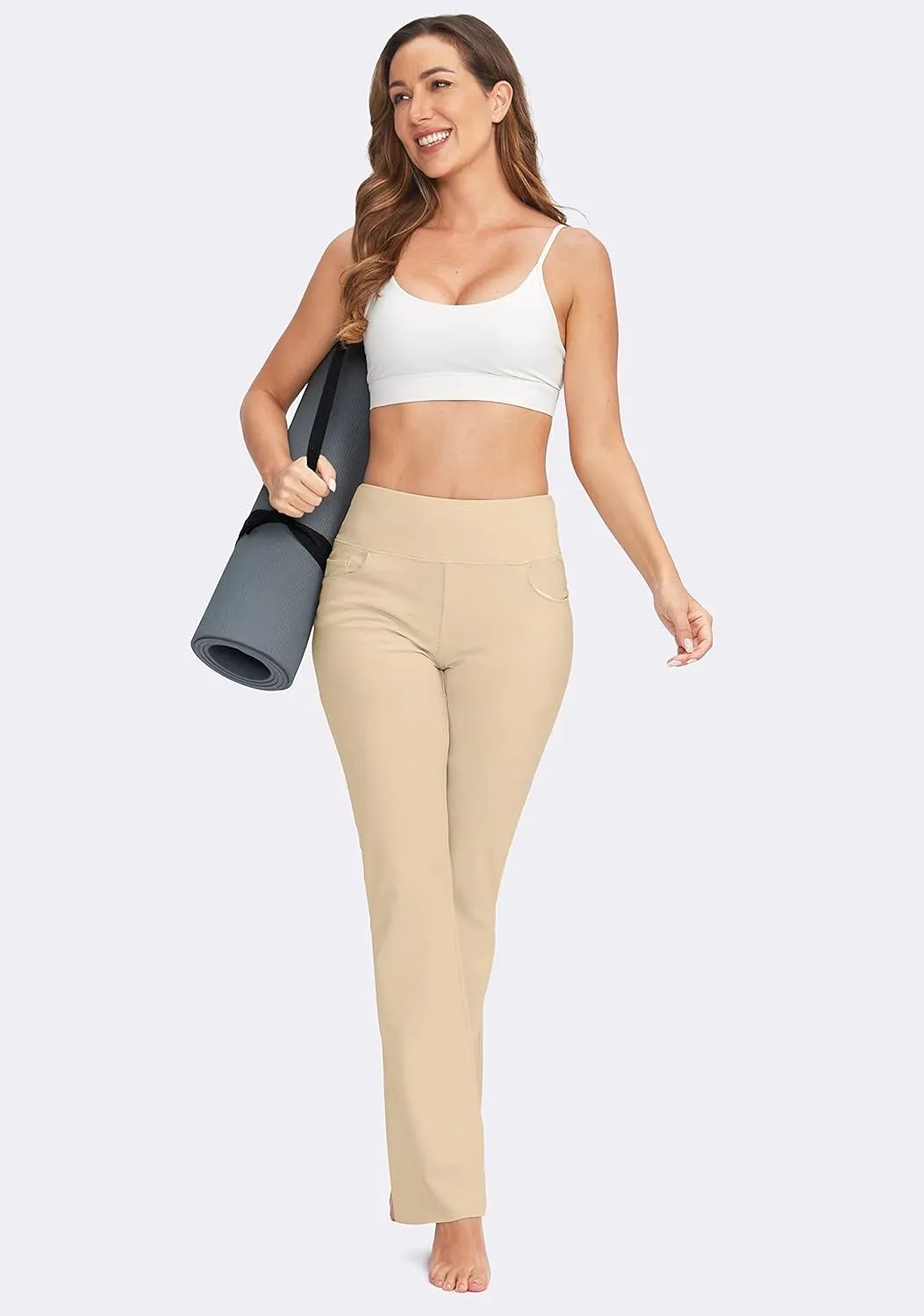 Rammus Womens High Waist Yoga Dress Pants with Pockets Stretch Work Pants for Women Bootcut Leg Slacks for Office Casual
