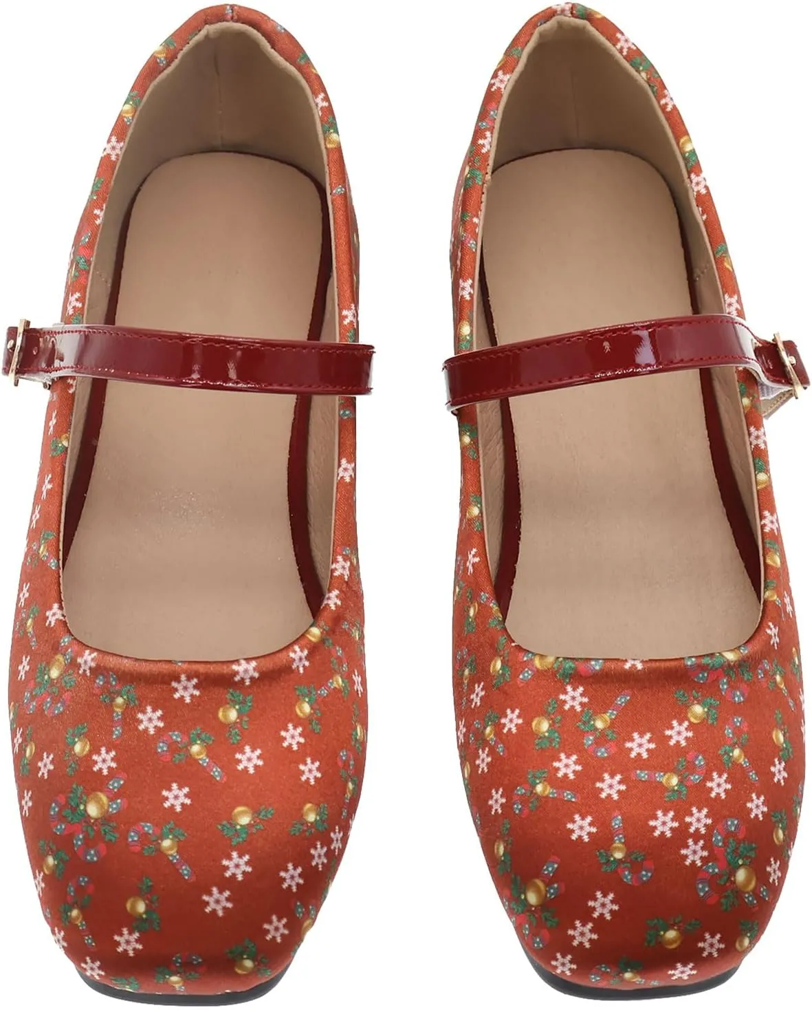 Red Print Flats for Women Christmas Dress Shoes Square Toe Slip On Flats Cushioned Work Flats Comfortable Retro Mary Jane Flats