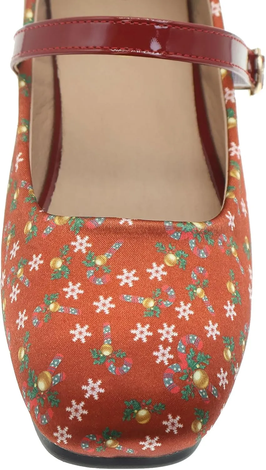 Red Print Flats for Women Christmas Dress Shoes Square Toe Slip On Flats Cushioned Work Flats Comfortable Retro Mary Jane Flats