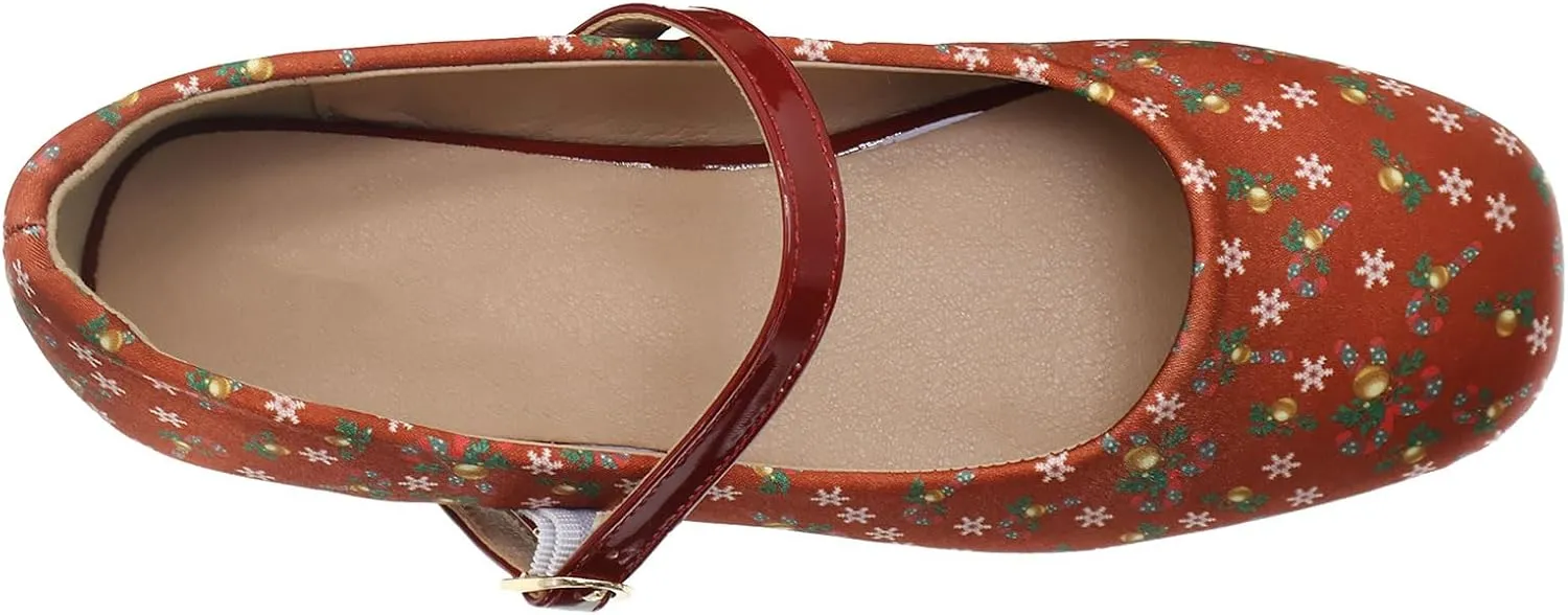 Red Print Flats for Women Christmas Dress Shoes Square Toe Slip On Flats Cushioned Work Flats Comfortable Retro Mary Jane Flats