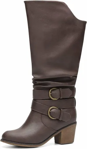 RELLSA Women's Wide Calf Knee High Boots Round Toe Slouchy Mid Chunky Block Heel Fashion Winter Shoes