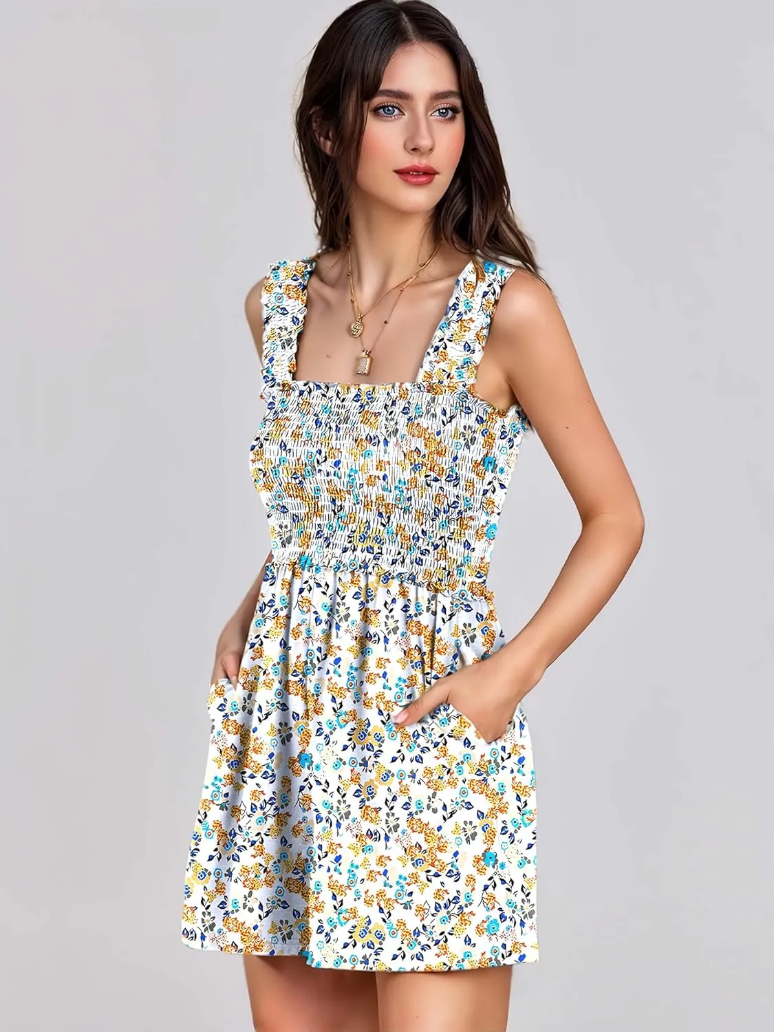 Rompers for Women 2025 Summer Casual Smocked Sleeveless Printed Dressy Romper Shorts Jumpsuit Beach Vacation Outfits