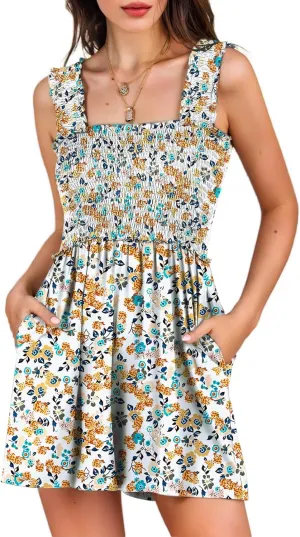 Rompers for Women 2025 Summer Casual Smocked Sleeveless Printed Dressy Romper Shorts Jumpsuit Beach Vacation Outfits