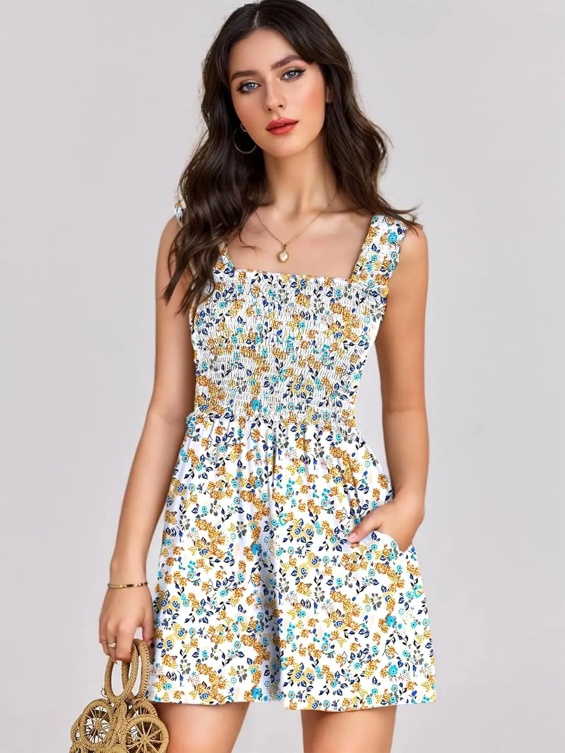 Rompers for Women 2025 Summer Casual Smocked Sleeveless Printed Dressy Romper Shorts Jumpsuit Beach Vacation Outfits