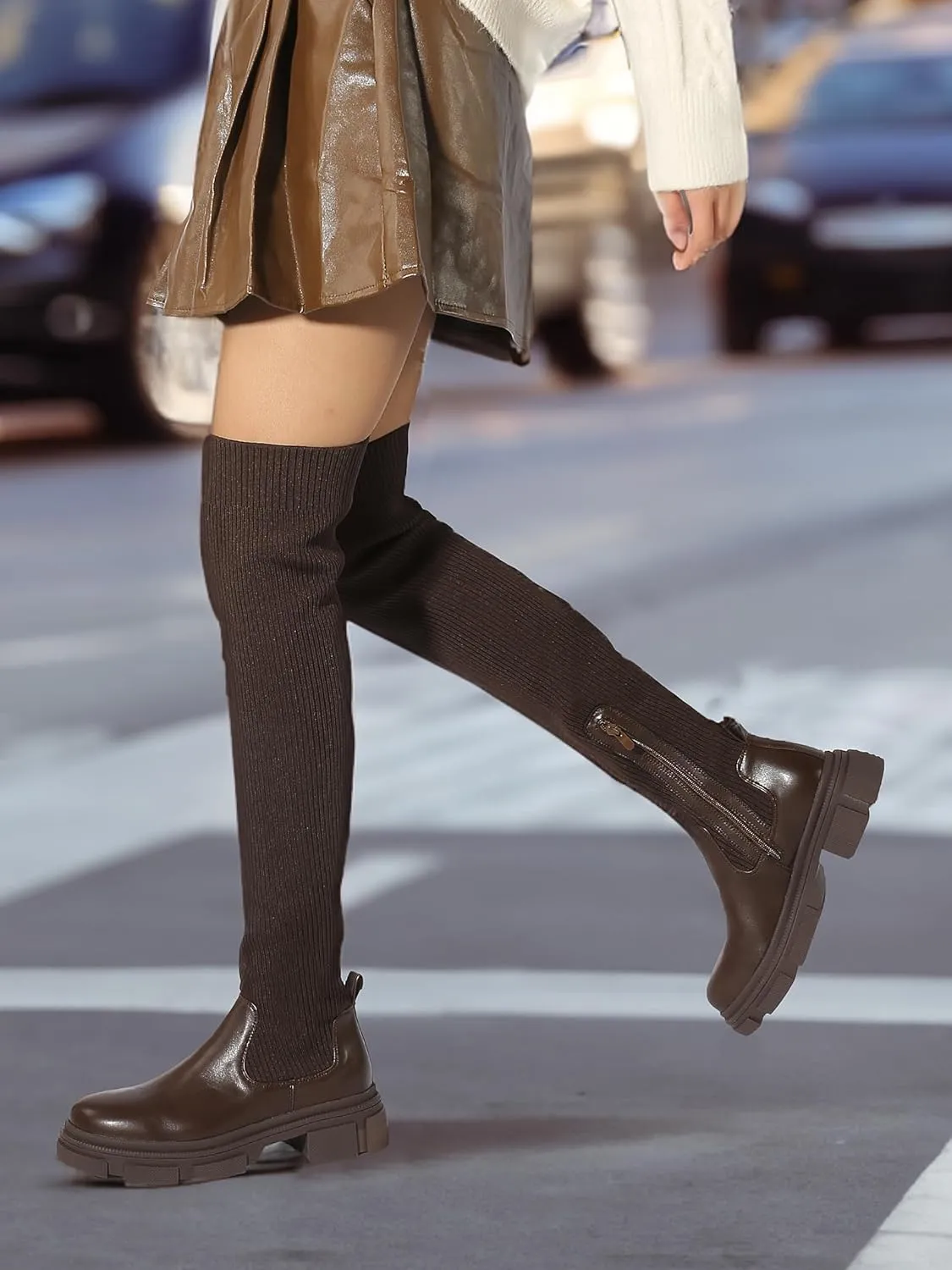 Shoe'N Tale Thigh High Knit Sock Boots Round Toe Mid Chunky Heel Stretch Over the Knee Boots for Women