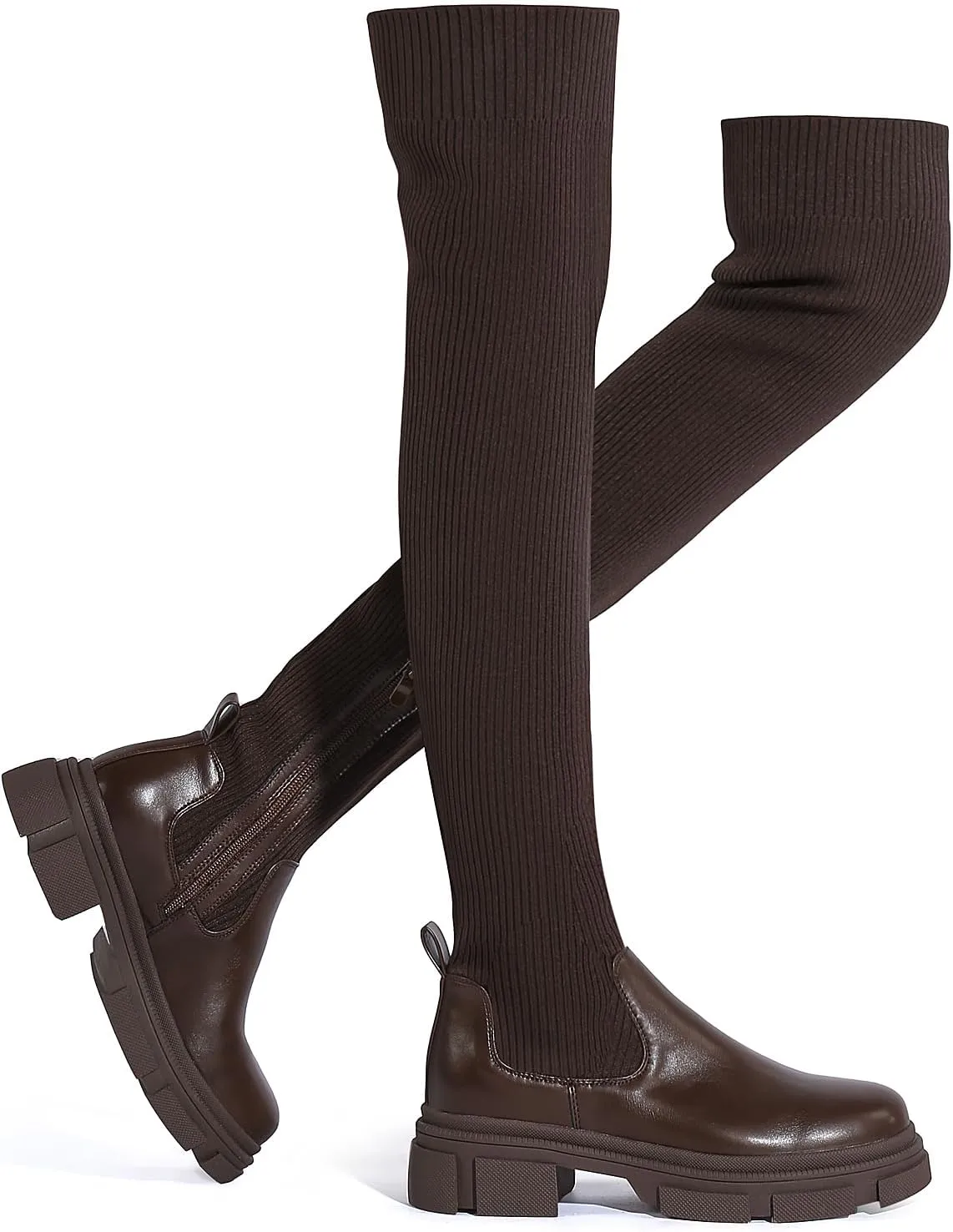 Shoe'N Tale Thigh High Knit Sock Boots Round Toe Mid Chunky Heel Stretch Over the Knee Boots for Women