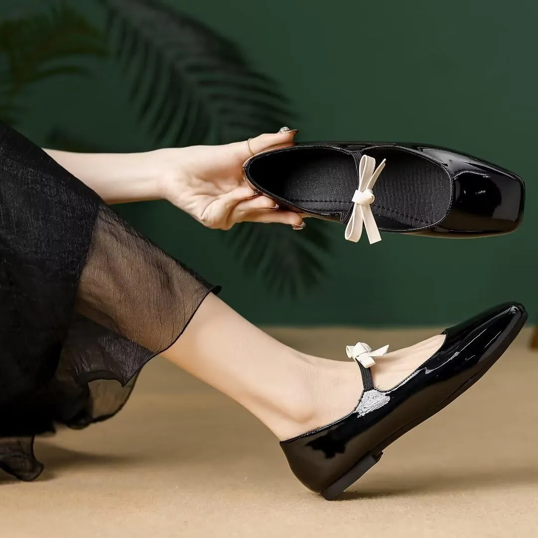 Stunner Women's Ballet Flats Retro Square Toe Mary Jane Flats Elegant Bowknot One Line Strap Flats