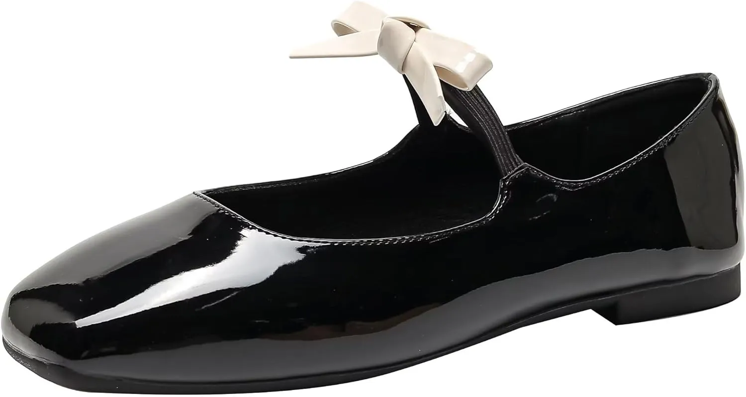 Stunner Women's Ballet Flats Retro Square Toe Mary Jane Flats Elegant Bowknot One Line Strap Flats