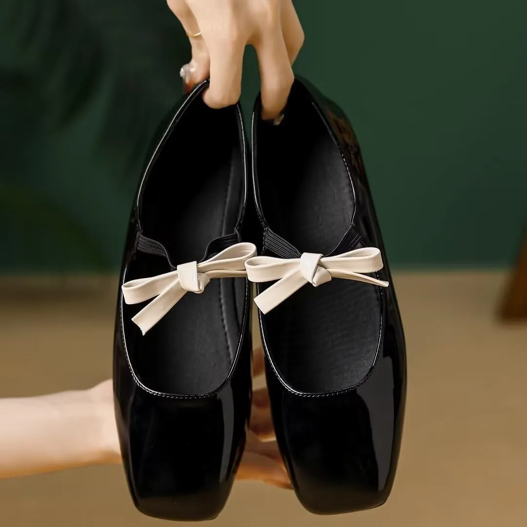 Stunner Women's Ballet Flats Retro Square Toe Mary Jane Flats Elegant Bowknot One Line Strap Flats