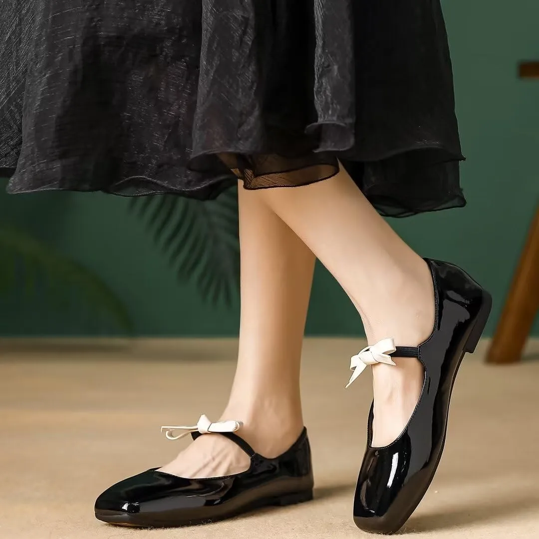 Stunner Women's Ballet Flats Retro Square Toe Mary Jane Flats Elegant Bowknot One Line Strap Flats