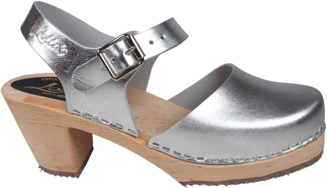 Swedish Highwood High Heel Clog Sandal for Women | Mary Jane Style Wooden Clogs Handcrafted in Sweden | Alder Wood Base and PU Coated Leather | Silver