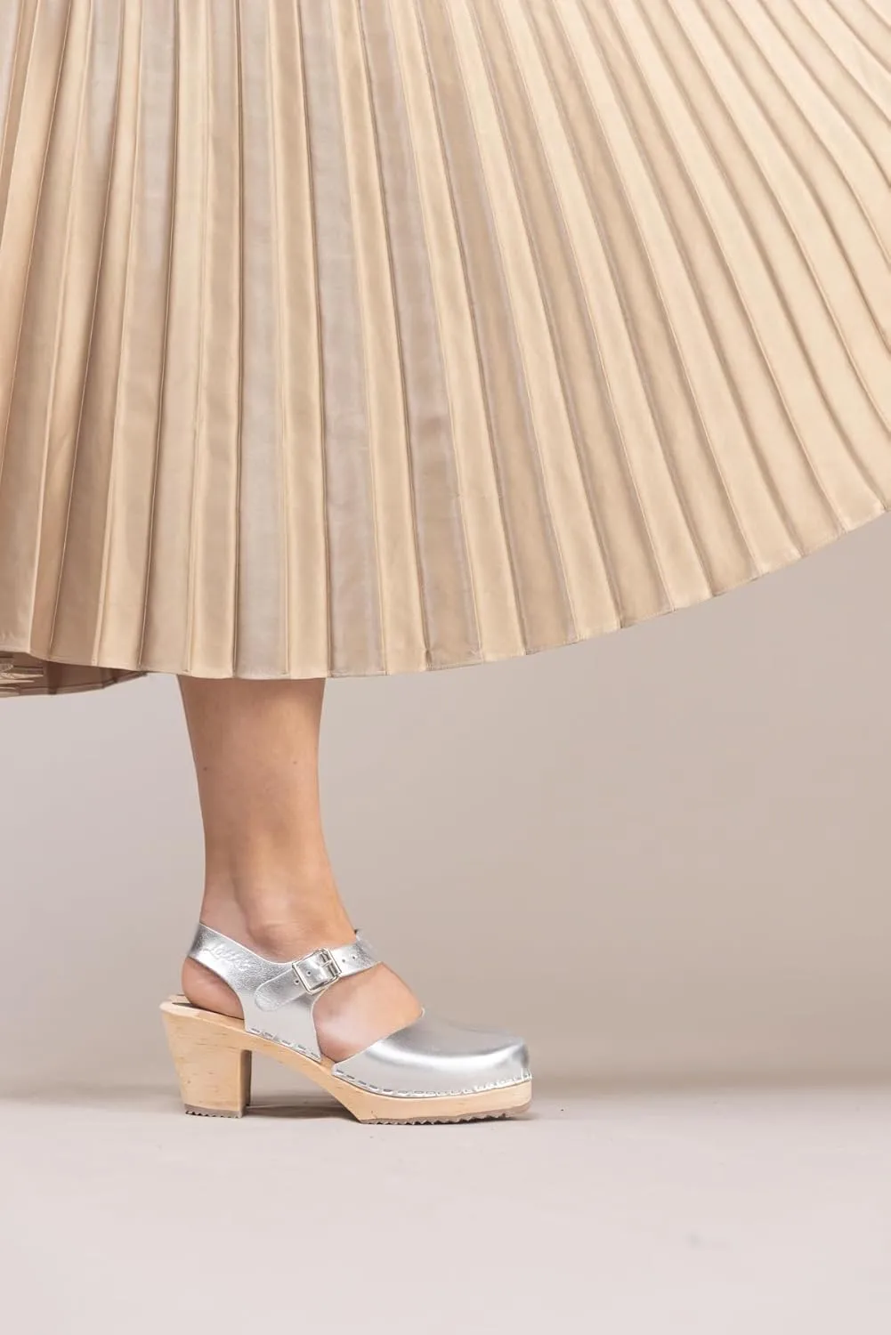 Swedish Highwood High Heel Clog Sandal for Women | Mary Jane Style Wooden Clogs Handcrafted in Sweden | Alder Wood Base and PU Coated Leather | Silver