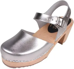 Swedish Highwood High Heel Clog Sandal for Women | Mary Jane Style Wooden Clogs Handcrafted in Sweden | Alder Wood Base and PU Coated Leather | Silver