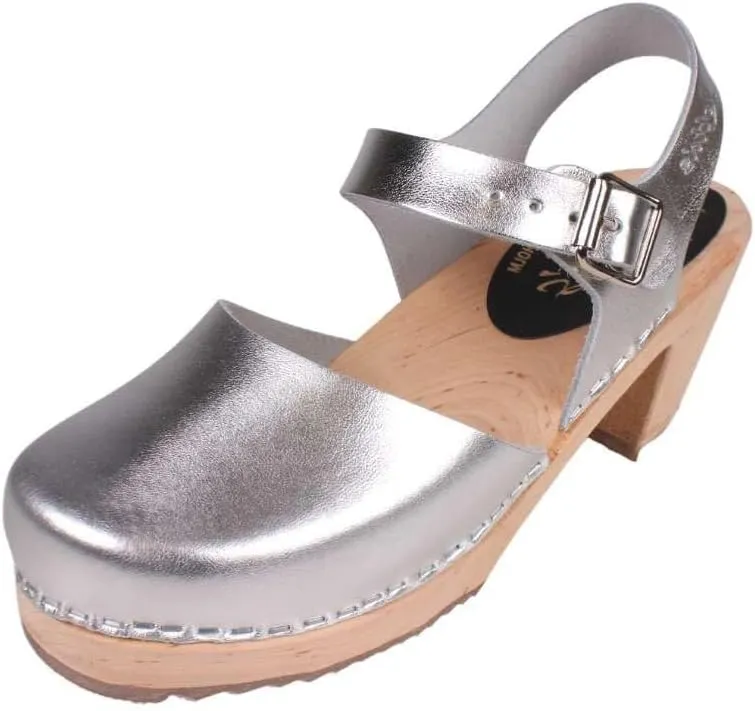 Swedish Highwood High Heel Clog Sandal for Women | Mary Jane Style Wooden Clogs Handcrafted in Sweden | Alder Wood Base and PU Coated Leather | Silver