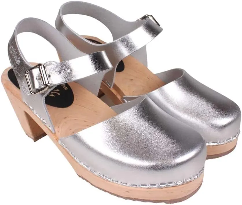 Swedish Highwood High Heel Clog Sandal for Women | Mary Jane Style Wooden Clogs Handcrafted in Sweden | Alder Wood Base and PU Coated Leather | Silver