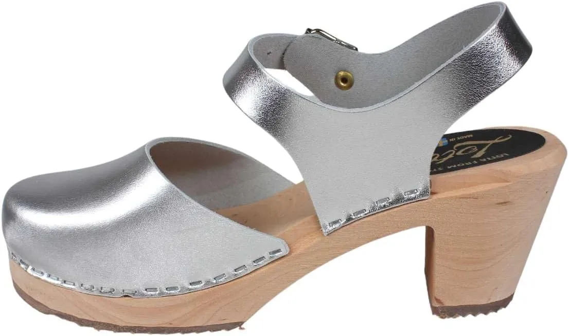 Swedish Highwood High Heel Clog Sandal for Women | Mary Jane Style Wooden Clogs Handcrafted in Sweden | Alder Wood Base and PU Coated Leather | Silver