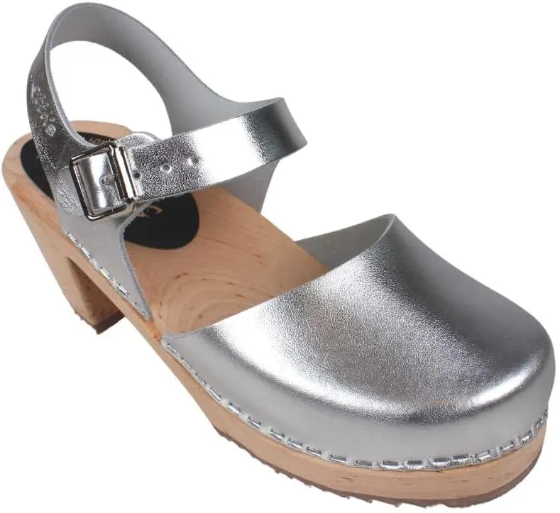 Swedish Highwood High Heel Clog Sandal for Women | Mary Jane Style Wooden Clogs Handcrafted in Sweden | Alder Wood Base and PU Coated Leather | Silver