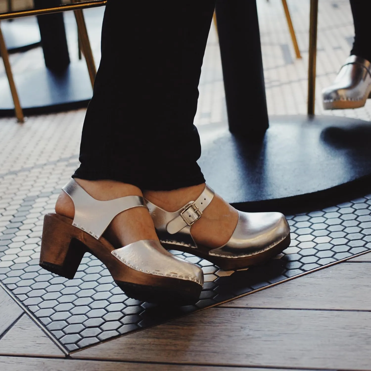 Swedish Highwood High Heel Clog Sandal for Women | Mary Jane Style Wooden Clogs Handcrafted in Sweden | Alder Wood Base and PU Coated Leather | Silver