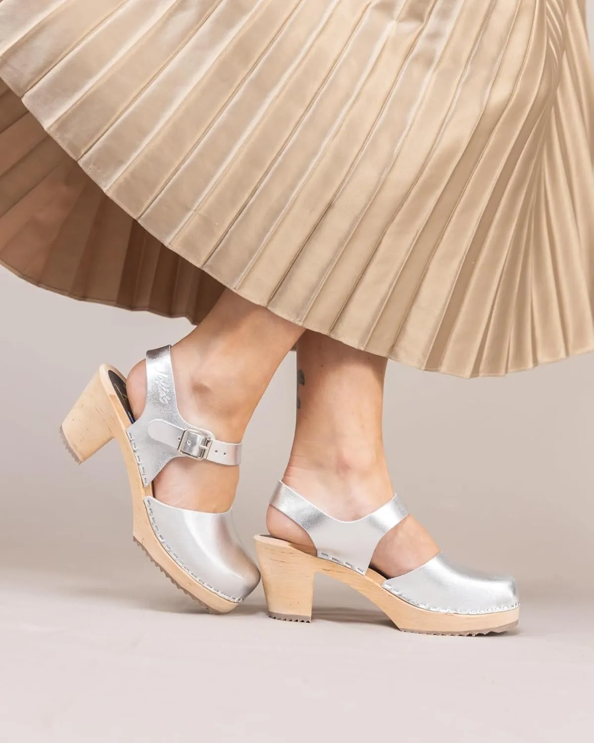 Swedish Highwood High Heel Clog Sandal for Women | Mary Jane Style Wooden Clogs Handcrafted in Sweden | Alder Wood Base and PU Coated Leather | Silver