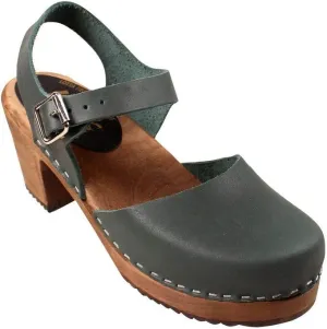 Swedish Highwood High Heel Clog Sandal for Women | Mary Jane Style Wooden Clogs Handcrafted in Sweden | Brown Alder Wood Base and Genuine Leather | Dark Green