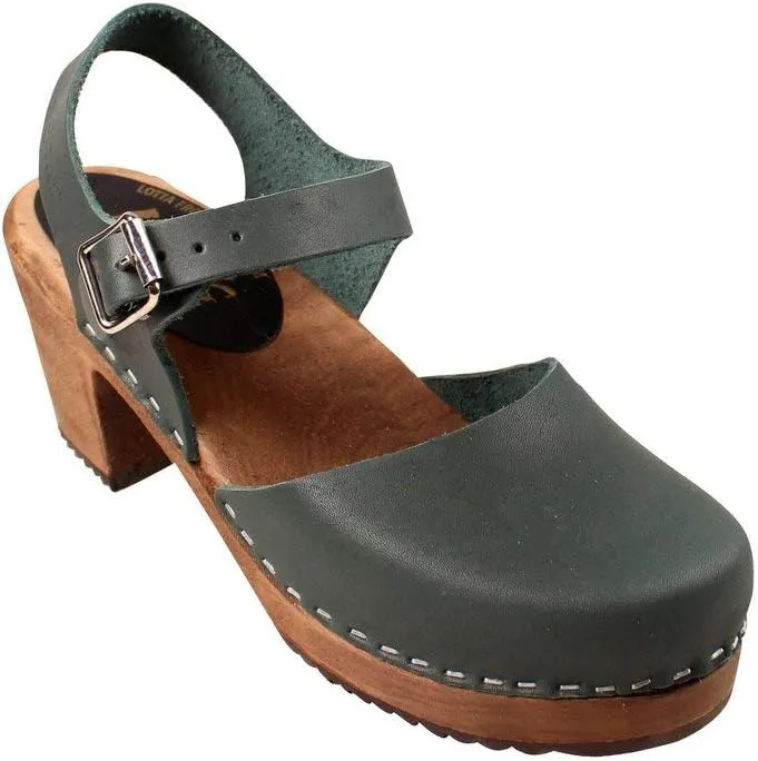 Swedish Highwood High Heel Clog Sandal for Women | Mary Jane Style Wooden Clogs Handcrafted in Sweden | Brown Alder Wood Base and Genuine Leather | Dark Green