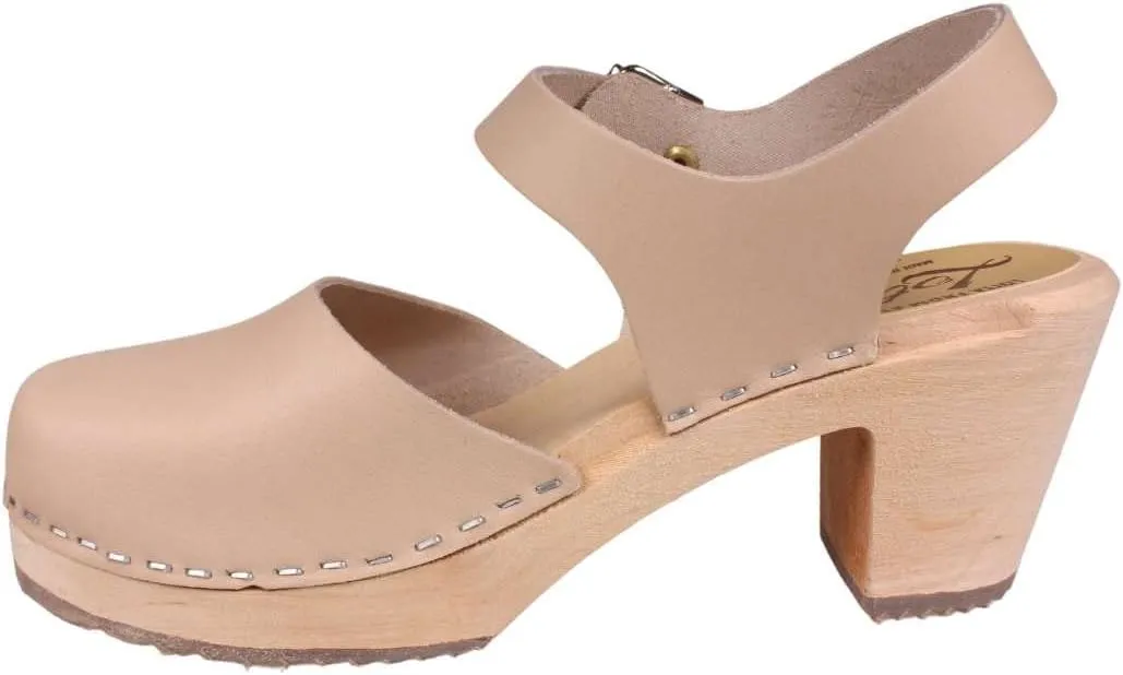 Swedish Highwood High Heel Clog Sandal for Women | Mary Jane Style Wooden Clogs Handcrafted in Sweden | Brown Alder Wood Base and Genuine Leather | Nude