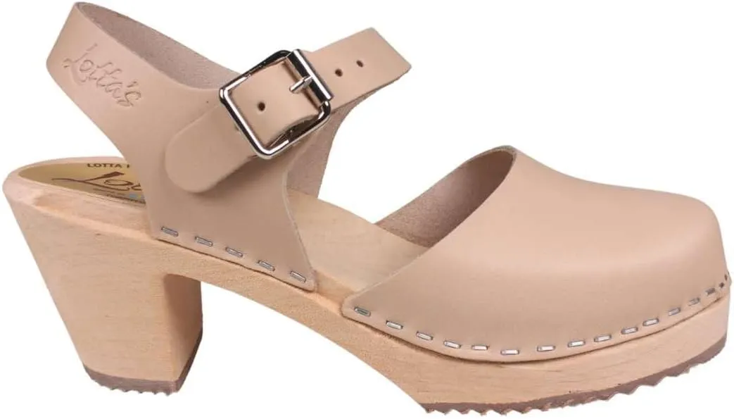 Swedish Highwood High Heel Clog Sandal for Women | Mary Jane Style Wooden Clogs Handcrafted in Sweden | Brown Alder Wood Base and Genuine Leather | Nude