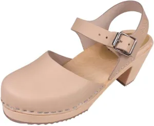 Swedish Highwood High Heel Clog Sandal for Women | Mary Jane Style Wooden Clogs Handcrafted in Sweden | Brown Alder Wood Base and Genuine Leather | Nude