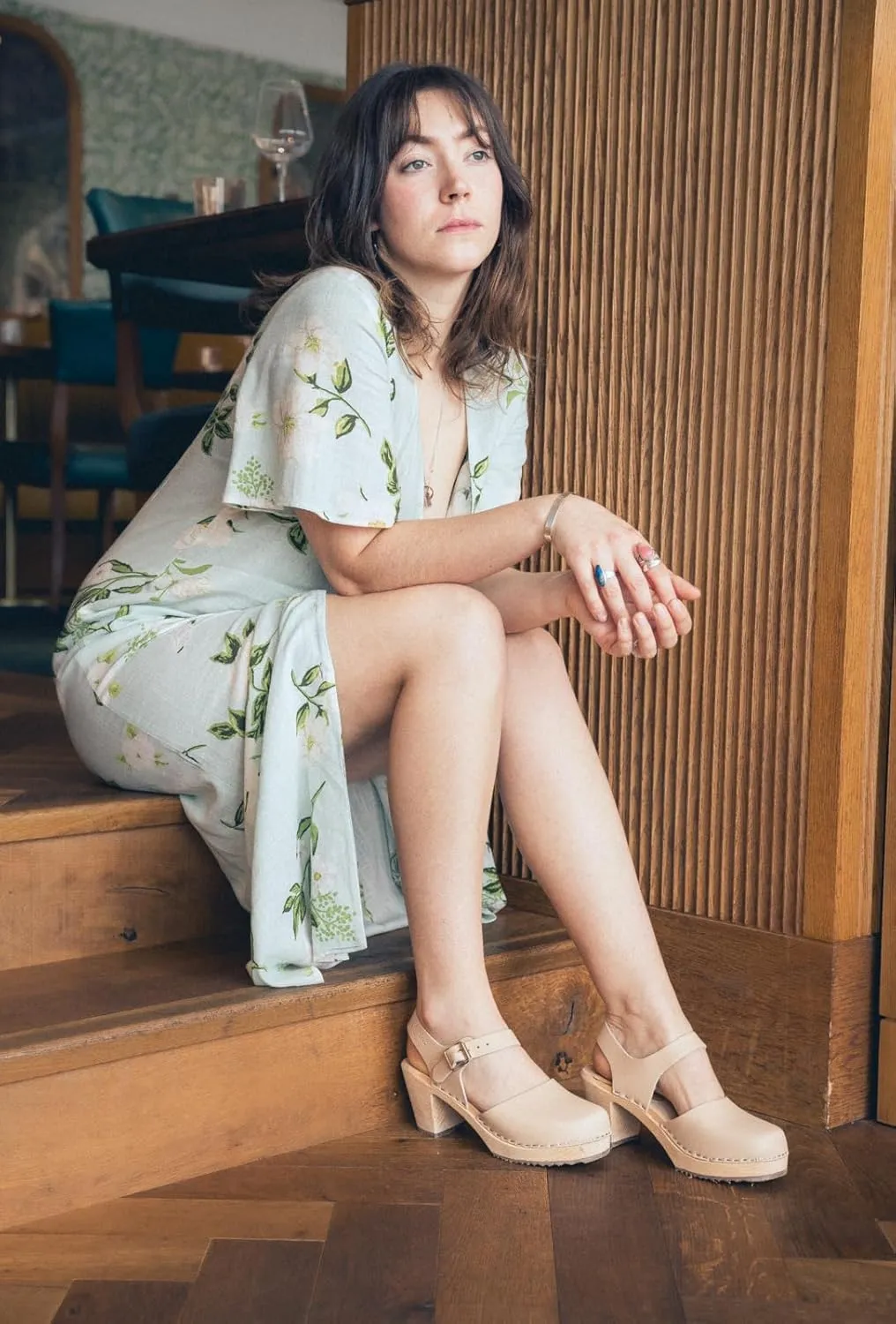 Swedish Highwood High Heel Clog Sandal for Women | Mary Jane Style Wooden Clogs Handcrafted in Sweden | Brown Alder Wood Base and Genuine Leather | Nude