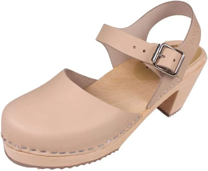 Swedish Highwood High Heel Clog Sandal for Women | Mary Jane Style Wooden Clogs Handcrafted in Sweden | Brown Alder Wood Base and Genuine Leather | Nude