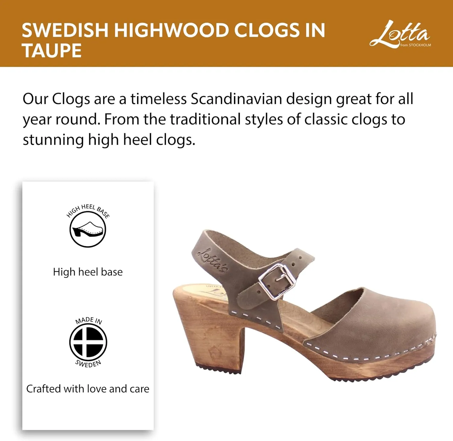 Swedish Highwood High Heel Clog Sandal for Women | Mary Jane Style Wooden Clogs Handcrafted in Sweden | Brown Alder Wood Base and Oiled Nubuck Leather | Taupe