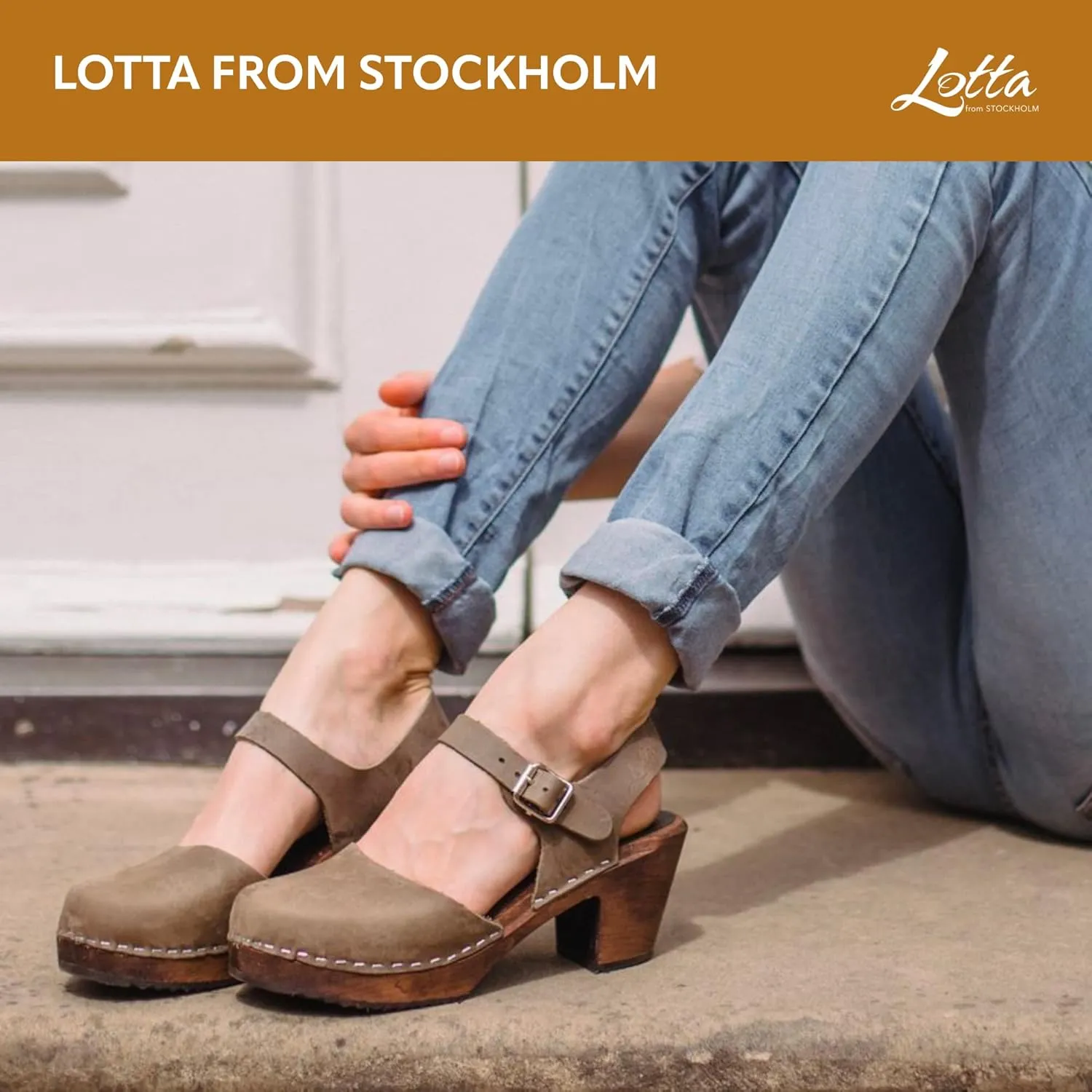 Swedish Highwood High Heel Clog Sandal for Women | Mary Jane Style Wooden Clogs Handcrafted in Sweden | Brown Alder Wood Base and Oiled Nubuck Leather | Taupe