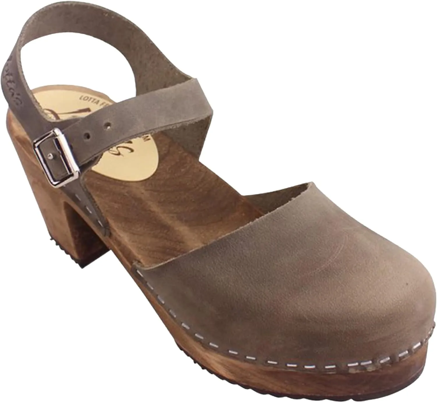 Swedish Highwood High Heel Clog Sandal for Women | Mary Jane Style Wooden Clogs Handcrafted in Sweden | Brown Alder Wood Base and Oiled Nubuck Leather | Taupe