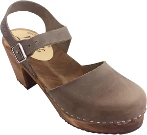 Swedish Highwood High Heel Clog Sandal for Women | Mary Jane Style Wooden Clogs Handcrafted in Sweden | Brown Alder Wood Base and Oiled Nubuck Leather | Taupe