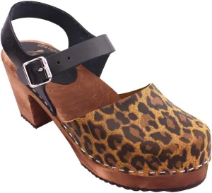 Swedish Highwood High Heel Clog Sandal for Women | Mary Jane Style Wooden Clogs Made in Sweden | Brown Alder Wood Base and Printed Leather | Leopard Print