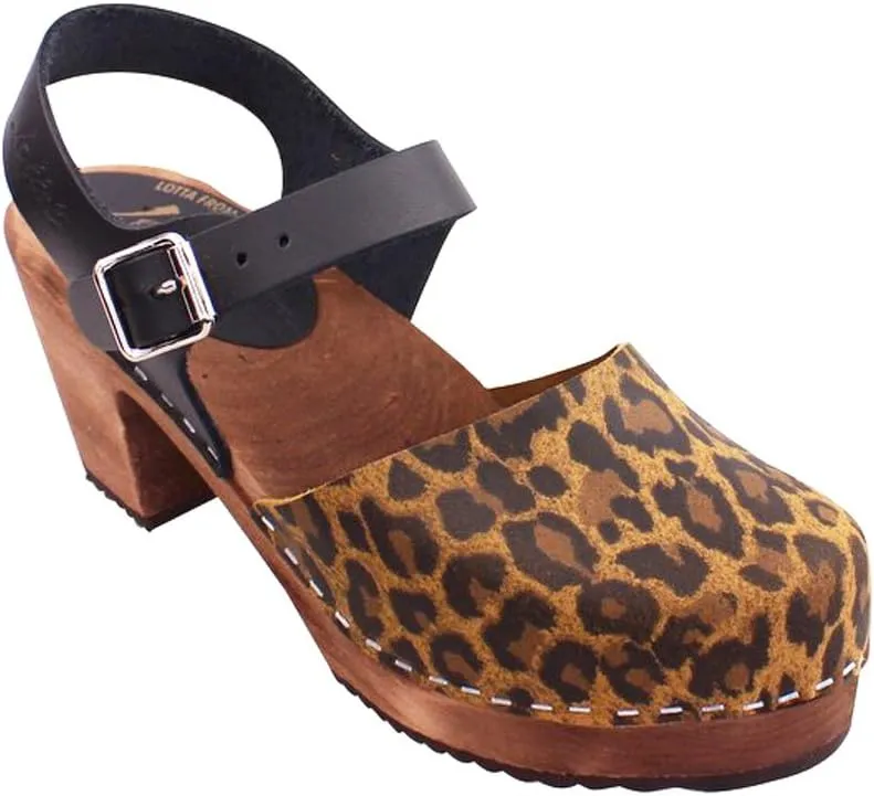 Swedish Highwood High Heel Clog Sandal for Women | Mary Jane Style Wooden Clogs Made in Sweden | Brown Alder Wood Base and Printed Leather | Leopard Print