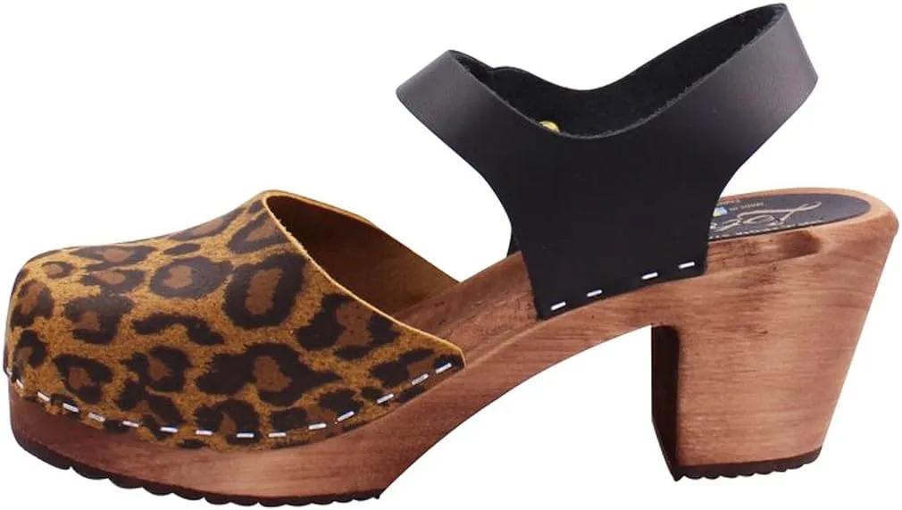 Swedish Highwood High Heel Clog Sandal for Women | Mary Jane Style Wooden Clogs Made in Sweden | Brown Alder Wood Base and Printed Leather | Leopard Print