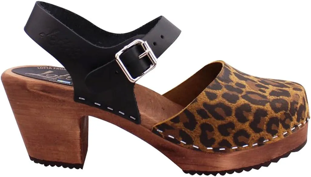 Swedish Highwood High Heel Clog Sandal for Women | Mary Jane Style Wooden Clogs Made in Sweden | Brown Alder Wood Base and Printed Leather | Leopard Print