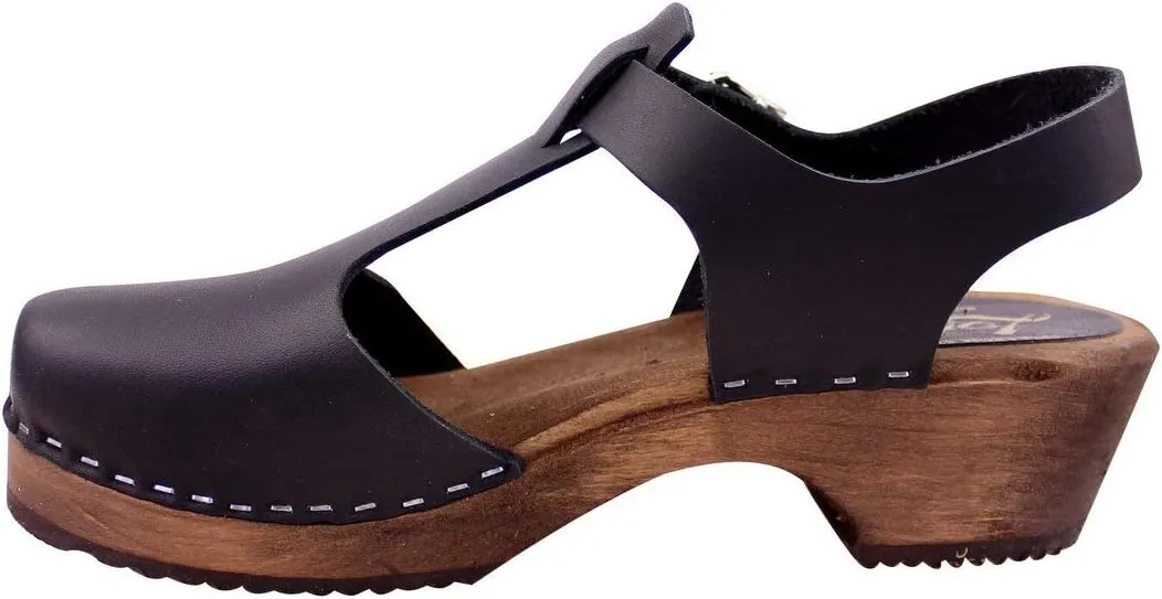 Swedish Low Heel T-Bar Sandal Clog I Women's Low Wood Clog Shoes with Brown Base I Alder Wooden Base with a Pronounced Arch Support I Full Grain Black Leather