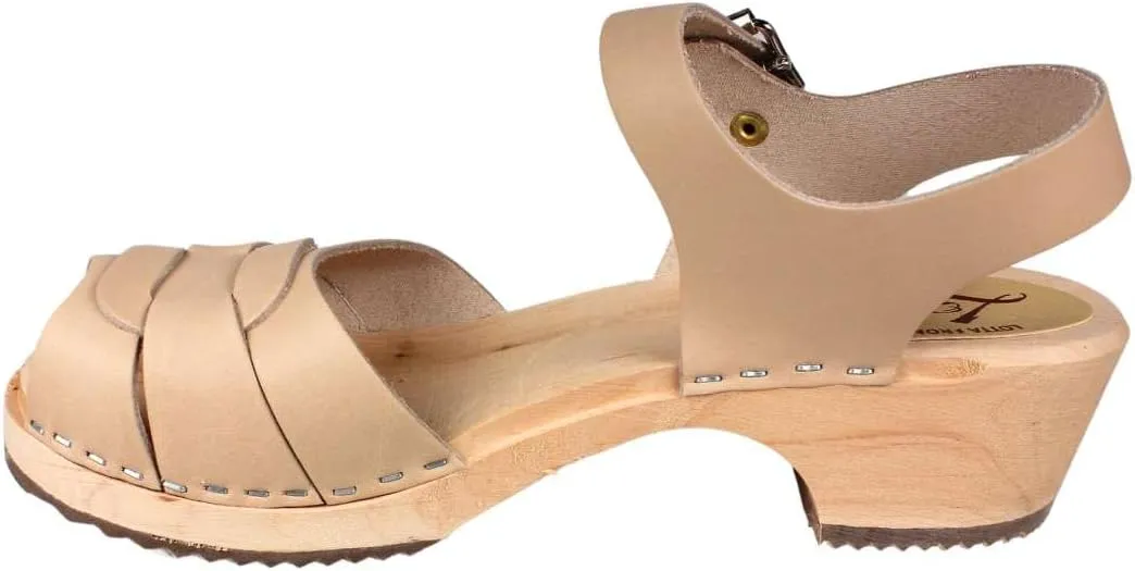 Swedish Low Peep Toe Clog Sandal for Women | Comfortable Low Heel Clogs with Buckle Handcrafted in Sweden | Wooden Base and Italian Leather | Palomino