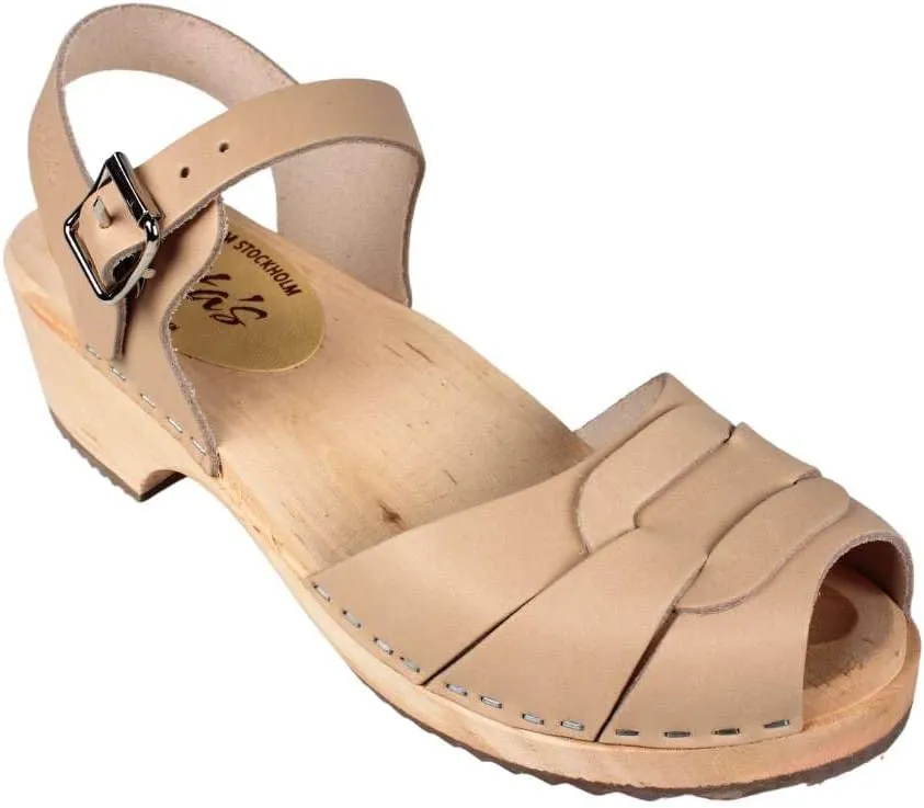 Swedish Low Peep Toe Clog Sandal for Women | Comfortable Low Heel Clogs with Buckle Handcrafted in Sweden | Wooden Base and Italian Leather | Palomino