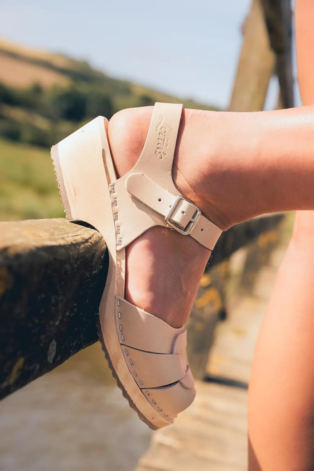 Swedish Low Peep Toe Clog Sandal for Women | Comfortable Low Heel Clogs with Buckle Handcrafted in Sweden | Wooden Base and Italian Leather | Palomino