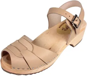 Swedish Low Peep Toe Clog Sandal for Women | Comfortable Low Heel Clogs with Buckle Handcrafted in Sweden | Wooden Base and Italian Leather | Palomino