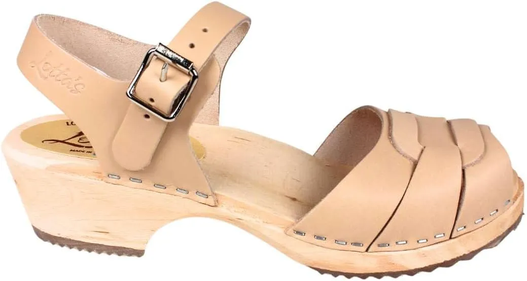 Swedish Low Peep Toe Clog Sandal for Women | Comfortable Low Heel Clogs with Buckle Handcrafted in Sweden | Wooden Base and Italian Leather | Palomino