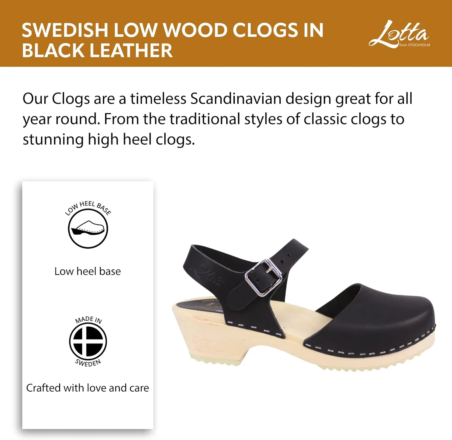 Swedish Low Wood Clog Sandal for Women | Low Heel Mary Jane Style Wooden Clogs Handcrafted in Sweden | Alder Wood Base and Natural Leather | Black