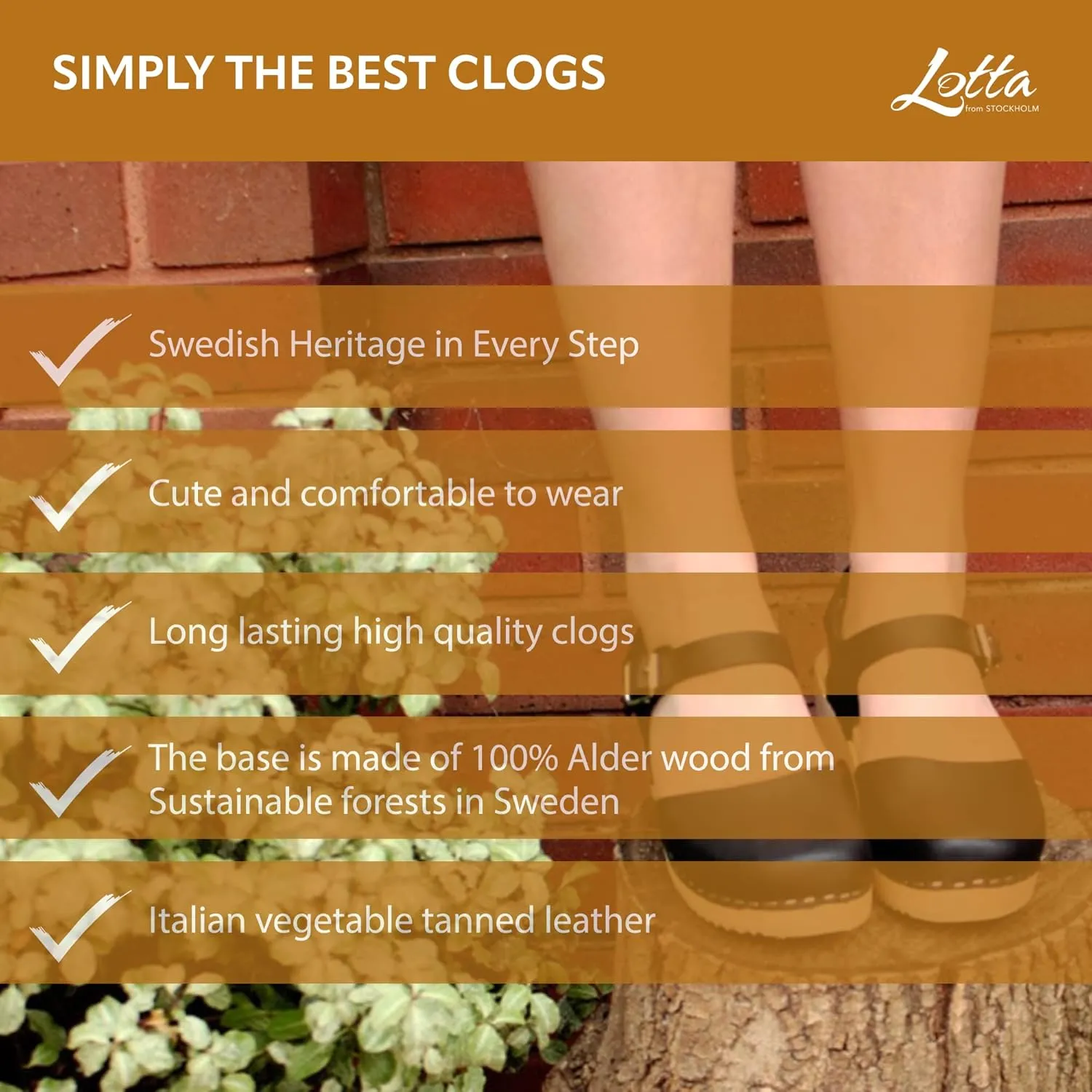 Swedish Low Wood Clog Sandal for Women | Low Heel Mary Jane Style Wooden Clogs Handcrafted in Sweden | Alder Wood Base and Natural Leather | Black